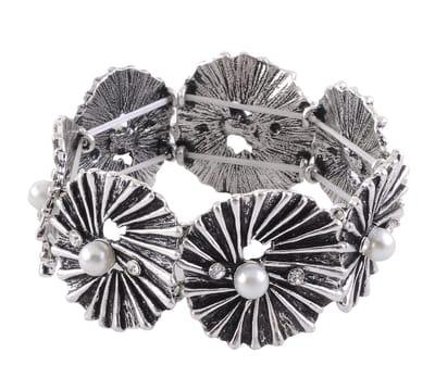 Behave - Armband - Vintage zilverkleur - Elastische met steentjes en parels
