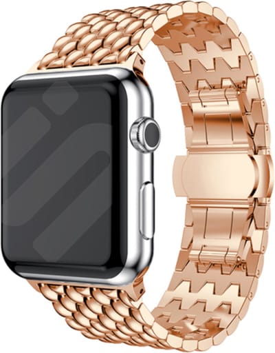 Strap-it Draken stalen band - Geschikt voor Apple Watch bandje - Series 1/2/3/4/5/6/7/8/9/10/11/SE/SE2/SE3 - Rose Gold - Metalen schakel band met draken patroon - RVS iWatch bandje voor maat: 38 / 40 / 41 / 42mm