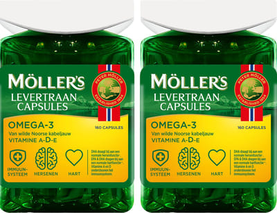 Möller’s Omega-3 Levertraan - 2 x 160 capsules - Omega-3 capsules met vitamine D – Levertraancapsules – Levertraan met vanillesmaak