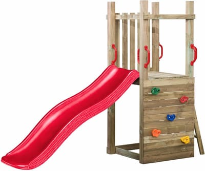 Houten Speeltoestel Irma (SwingKing) | Speeltoren met Glijbaan voor Buiten in de Tuin | FSC Hout - Glijbaan Rood