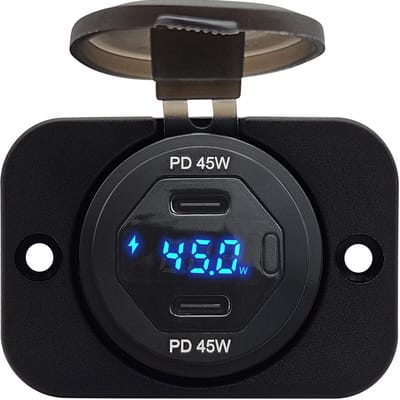 ProRide 12V USB C Autolader 2 Poorten Inbouw met Schakelaar en Wattagemeter - 45W - QC3.0 - Complete set - Blauw
