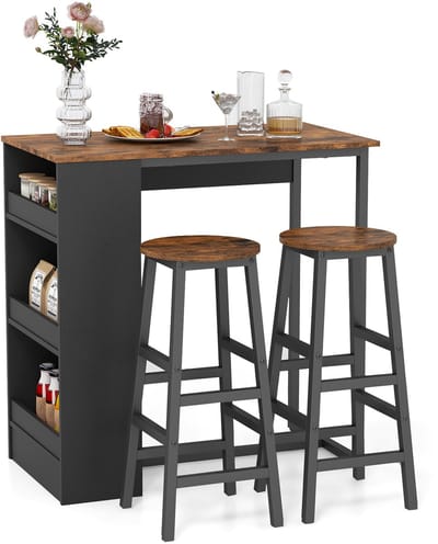 COSTWAY Bartafel met barkruk, set van 2 personen, bartafel, set met 3 planken, salontafel, keukentafelset, aanrecht voor woonkamer, eetkamer en keuken, rustiek bruin