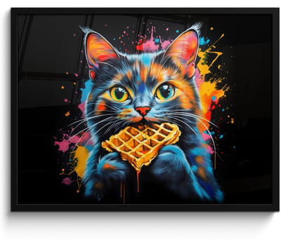 Poster in lijst - Fotolijst 70x50 cm - Posters - Kat - Graffiti - Kleurrijk - Wafel - Eten - Posterlijst zwart - Decoratie - Wanddecoratie woonkamer - Muurdecoratie slaapkamer