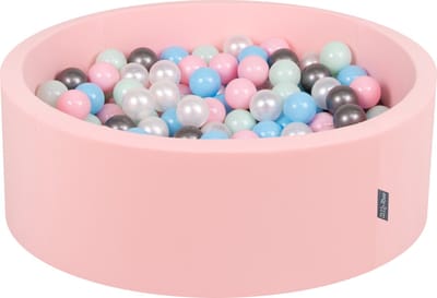 KiddyMoon Ballenbak voor kinderen Rond 90x30cm - 200 kleurrijke ballen ∅7cm - Speelgoed baby schuim - Baby ballenbad foam - Kunststof ballen - Ballenbak ballen - Voor sensorische - Met schuimvulling - Lichtroze: Parel Roze Babyblauw Munt Zilver