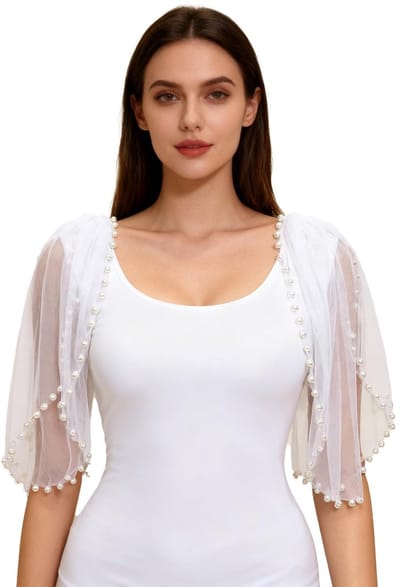Dailygoods- Bruidscape 37 cm - Afneembare Cape - Sluier met Schouders - Witte Tule - Transparant - Elegant Ontwerp met Kralen - Bruidcape
