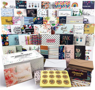 100 Bedankkaartjes met Enveloppen Set - 4x6 Inch - 100 Unieke Tekeningen voor Zaken of Particulier Gebruik