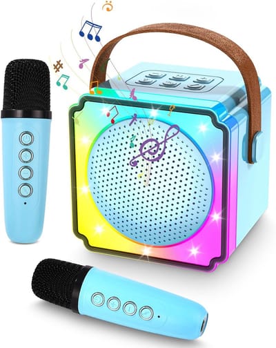 Karaoke-machine voor kinderen, met 2 karaoke-microfoons, draagbare karaoke-machine met ledlicht en spraakveranderingseffecten, cadeau voor kinderen van 5 tot 12 jaar, jongens en meisjes