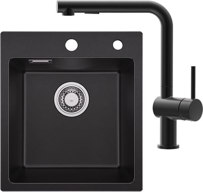 SOFETIY MAX Spoelbak Keuken Zwart 40x45CM - Graniet Spoelbakken Zwart - Enkele Spoelbak Met Keukenkraan - Spoelbakken Incl. Sifon en Afvoerzeefje