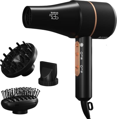 BAESS Föhn met Diffuser - 5 Standen - Ionische Haardroger met Borstel - Retro Haarföhn - Krullen - Hair dryer - Zwart