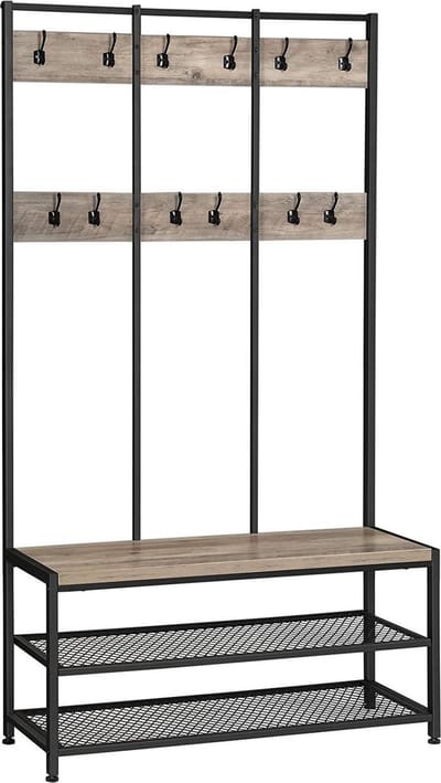 ACAZA Kapstok - Kapstok Staand - Kapstok met Schoenenrek - 100 x 40 x 186 cm - Garderoberek - 24 Haken - Grijs en Zwart - Schoenenrek