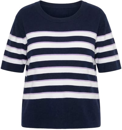 Ulla Popken - Dames - Trui gestreept ronde hals korte mouw - Marine - Maat 42+