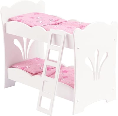 Houten Poppen Stapelbed met Roze Beddengoed voor Poppen van 45 cm