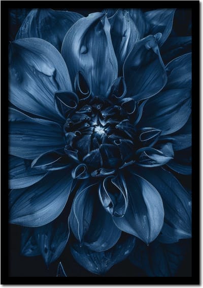 Poster blauwe Dahlia bloem - 21cm x 30cm a4 - vintage - woonkamer - slaapkamer - bloemen posters - goedkoop - muurposter - natuur - wanddecoratie