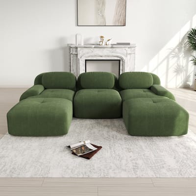 Modulair frameloos U-vorm corduroy bankstel - voor woonkamer, slaapkamer en kantoor - 4-6 personen - groen - geen montage nodig, antislip en huisdiervriendelijk - met 32D hoogelastisch schuim