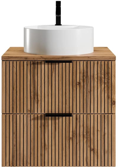 Vente-unique Zwevend badkamermeubel geribbeld met ronde opzet wastafel - Licht naturel en zwart - 60 cm - MADELA