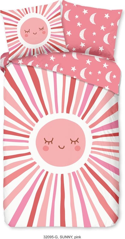 Good Morning dekbedovertrek zon, maan en sterren - 1 persoons 140x200/220 cm - Roze - 100% Katoen renforc�