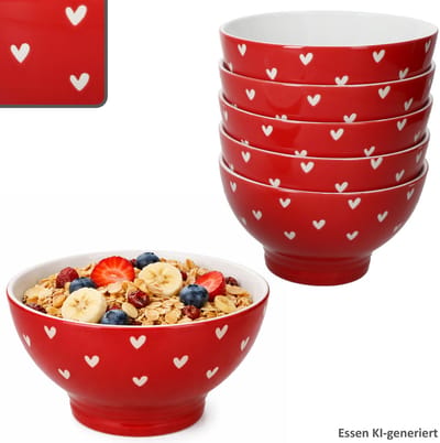 6-delige set LOVE (All over Hart) kom met rode kom met witte harten van porselein – 24310143