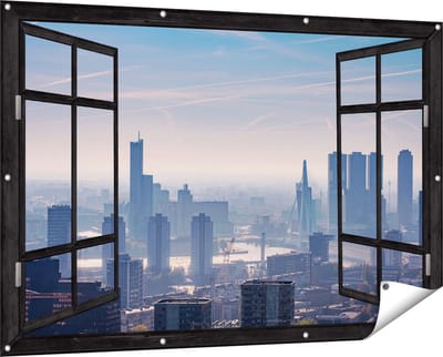 Gards Tuinposter Doorkijk Rotterdamse Skyline - 150x100 cm - Tuindoek - Tuindecoratie - Wanddecoratie buiten - Tuinschilderij