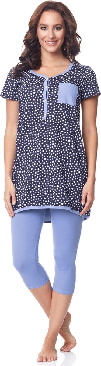 BeMammy Dames Zwangerschapspyjama - Korte mouwen - Korte broek met borstvoedingsfunctie - Katoen - BE-BE20-177-PJ - Marine-Sterren-Blauw - S