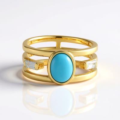 Cavill - Moderne elegante ring 925 Sterling Zilver verguld - 1,125 ct Sleeping Beauty Turkoois ovaal cabochon - 0,234 ct aquamarijn baguette