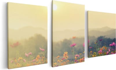 Artaza Canvas Schilderij Drieluik Bloemenveld Met Kosmos - Zonsondergang - 120x60 - Foto Op Canvas - Canvas Print