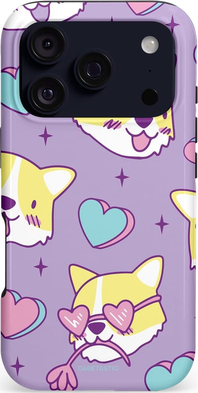 Casetastic hoesje geschikt voor Apple iPhone 17 Pro - MagSafe - Dubbellaagse bescherming - Liefde is een Corgi - Fashion Case - Lila Goud Wit Beige