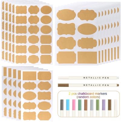 Dailygoods- Huishoudetiketten 204 Stuks - Zelfklevende Stickers - Kraftpapier - 3 Maten - 8 Unieke Vormen - Inclusief 2 Metallic Stiften - Etiketten