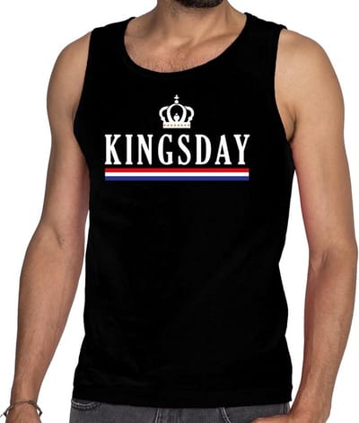 Zwart Kingsday met vlag en kroon tanktop / mouwloos shirt - Singlet voor heren - Koningsdag kleding S
