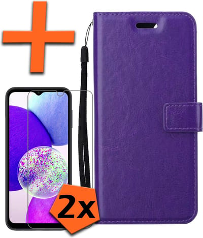 Hoes - Met 2x Screenprotector - Geschikt voor Samsung Galaxy A14 - Luxe Pasjeshouder - Bookcase Portemonee - Flip Case - Kunstleer Book Case - Flipcase Hoes - Book Cover - Walletcase - PortemonneeHoes - Paars