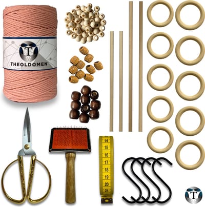Deluxe Macramé Pakket | Zalmroze | 200 METER | Triple Twist | 3mm | Starter Set | Schaar | S-haken | Kam | Meetlint | Ringen | Kralen | Stokken | Macramé Touw | 100% Katoen | DIY | Macramé | Wandkleed | Plantenhanger | TheOldOmen
