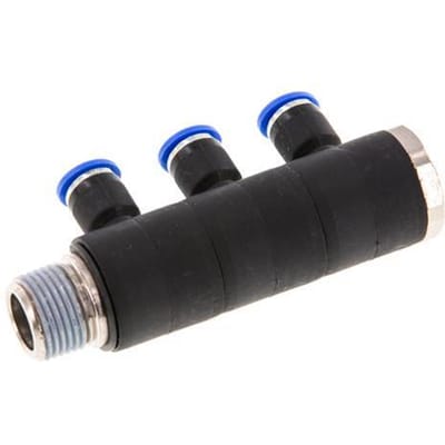 6mm x R3/8'' 3-way Manifold Messing/PA 66 Insteekfitting Buitendraad Draaibaar NBR