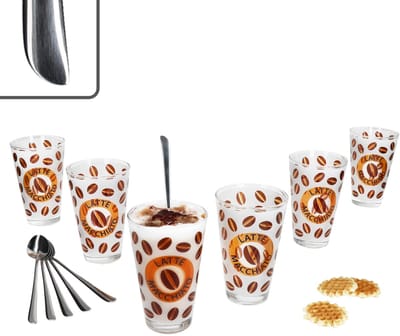 12-delige latte macchiato set - 6x CREMONA glazen oranje + 6x TWIST latte macchiato lepels - 0806137 & 747-480