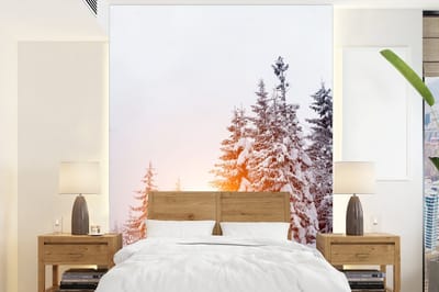 Behang - Fotobehang Zon - Bomen - Sneeuw - Breedte 175 cm x hoogte 240 cm