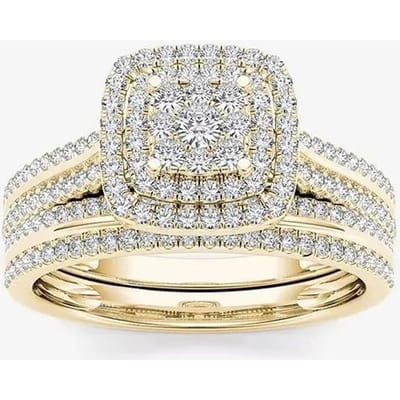 Verfijnde goudkleurige vierkante geometrische ring voor dames, luxe metalen ring ingelegd met witte stenen. 11 gray