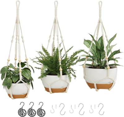 Dailygoods - Bamworld Set van 3 macramé plantenhangers voor binnen met ketting — zelfbewaterende hangende plantenbakken met drainagegaten en verwijderbare schotel, wit (28/23/20 cm) — ideale plantenhanger voor
