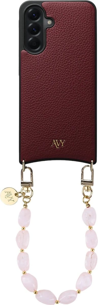 AVY Leren Hoesje Geschikt voor Samsung Galaxy A56 | Compatibel met MagSafe | Leather Case met Telefoonkoord | Polsbandje | Burgundy | Rocher Pink