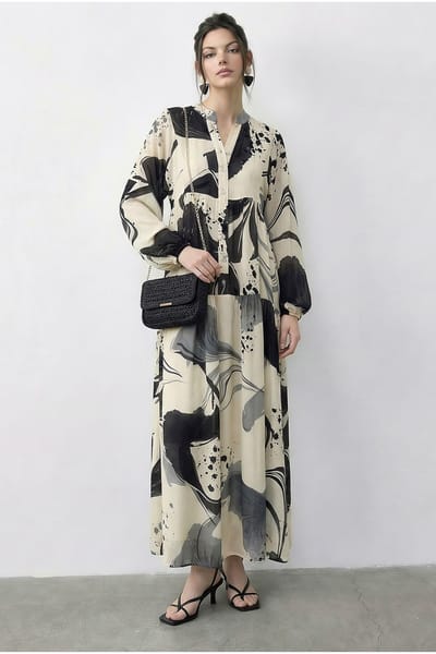 Abstract V-hals Midi Jurk met Lange Mouwen
