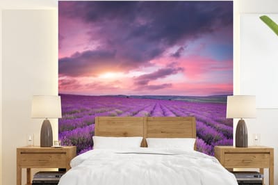 Behang - Fotobehang Lavendel - Paars - Wolken - Bloemen - Breedte 220 cm x hoogte 240 cm