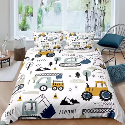 Vavida Dekbedovertrek - Eenpersoons - 140 x 200 - Voertuigen - Vrachtwagen - Graafmachine - Tractor