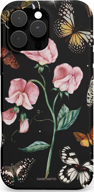 Casetastic hoesje geschikt voor Apple iPhone 16 Pro Max - MagSafe - Dubbellaagse bescherming - Vleugels en bloemen - Fashion Case - Zwart Grijs Taupe