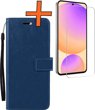 Hoes - Met Screenprotector - Geschikt voor Samsung Galaxy S24 FE - Luxe Pasjeshouder - Bookcase Portemonee - Flip Case - Kunstleer Book Case - Flipcase - Book Cover - Walletcase - PortemonneeHoes - Donkerblauw