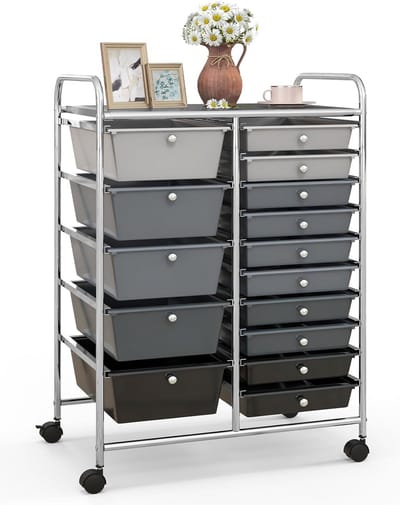 Rolwagen met 15 stapelbare laden, ladewagen, rolcontainer met metalen frame en legvlak, opbergwagen voor kantoor, woonkamer, 63 x 37 x 87 cm