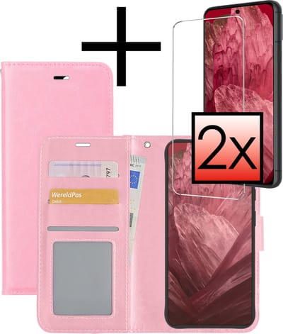 Hoesje - Met 2x Screenprotector - Geschikt voor Google Pixel 8a - Luxe Pasjeshouder - Bookcase Portemonee - Flip Case - Kunstleer Book Case - Flipcase Hoes - Book Cover - Walletcase - Portemonneehoes - Lichtroze