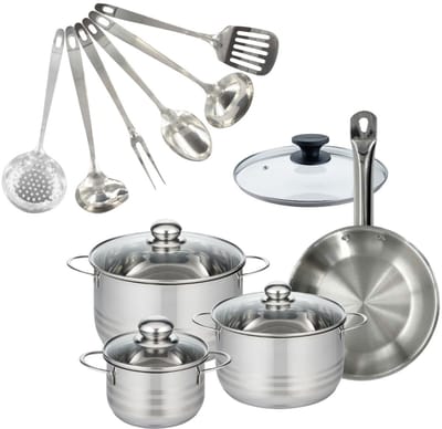 Set 1 pan 24 cm roestvrij staal en deksel, 3 roestvrijstalen kookpotten 16, 20 en 24 cm en 6 roestvrijstalen keukengerei Fackelmann Eterna