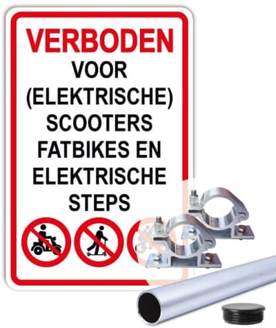 Bord Verboden voor scooters, fatbikes en steps - Weerbestendig Aluminium - 30x45 cm - Bevestiging: Met paal 150 cm + paalbeugels + paaldop