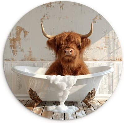 WallCircle® Wandcirkel 120x120 cm - Muurcirkel Schotse hooglander - Badkuip - Vintage - Koe - Dieren - Schuim - Badkamer - Muurdecoratie cirkel woonkamer - Wanddecoratie slaapkamer - Kamer decoratie accessoires - Ronde schilderijen