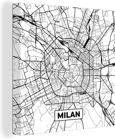 Canvas Schilderij Kaart - Milaan - Stadskaart - Zwart Wit - Plattegrond - 20x20 cm - Wanddecoratie