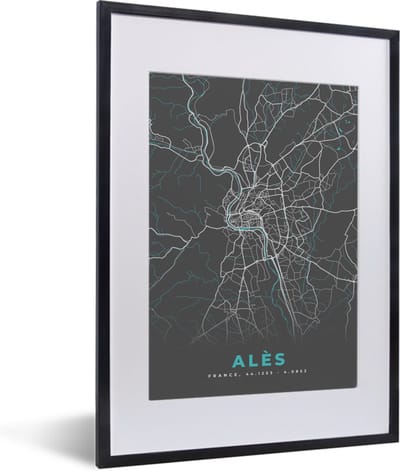 Fotolijst incl. Poster - Alès - Plattegrond - Kaart - Stadskaart - Frankrijk - 30x40 cm - Posterlijst