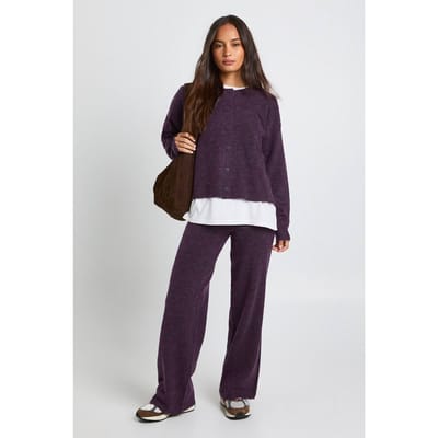boohoo Dames Ronde hals gebreide boxy cardigan en wijde pijp broekset | Aubergine | Maat: Small
