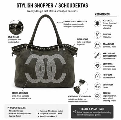 Dames Shopper Schoudertas – Grote PU Leren Handtas met Strass Steentjes – Donkergrijs – Casual & Dagelijks Gebruik